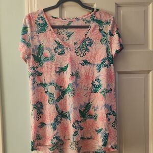 Lilly Pulitzer Pink and Green Floral Short Sleeve Top